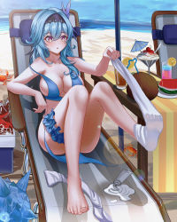Rule 34 | 1girl, :o, absurdres, barefoot, beach, blue hair, blush, breasts, cleavage, coconut, crab, drink, eula (genshin impact), feet, food, fruit, full body, genshin impact, hairband, highres, huge filesize, ice cream, kujuu (zacu2523), large breasts, lotion, ocean, open mouth, sock pull, solo, strap pull, sundae, swimsuit, toes, watermelon