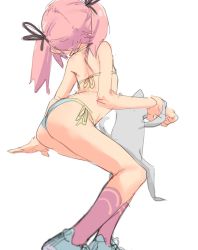 Rule 34 | 1girl, ass, bad id, bad twitter id, bikini, cat, eds, from behind, hair ribbon, happy (eds), highres, original, pink hair, pink socks, ribbon, shoes, short hair, side-tie bikini bottom, sketch, socks, swimsuit, twintails, white background