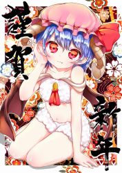 Rule 34 | 1girl, alternate costume, animal costume, arm support, bare legs, bat wings, fang, fang out, floral background, fuu (07199382), hand on own face, hat, horns, light purple hair, looking at viewer, low wings, midriff, mob cap, off shoulder, pointy ears, red eyes, remilia scarlet, sheep costume, sheep horns, short hair, sitting, solo, touhou, wings