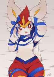 Rule 34 | absurdres, animal ears, arm up, artist name, blue ribbon, bow, brown eyes, buck teeth, cinderace, creatures (company), furry, game freak, gen 8 pokemon, highres, light blush, looking at viewer, lying, minamo (pixiv17726065), nintendo, on back, open mouth, pokemon, pokemon (creature), rabbit ears, rabbit tail, ribbon, solo, tail, teeth, upper body
