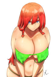 Rule 34 | 1girl, bikini, blue eyes, braid, breasts, cleavage, closed mouth, collarbone, expressionless, eyes visible through hair, green bikini, hair between eyes, highres, hong meiling, huge breasts, koyubi (littlefinger1988), leaning forward, long bangs, long hair, looking at viewer, navel, parted bangs, red hair, side braid, signature, simple background, skindentation, solo, stomach, swimsuit, touhou, twin braids, very long hair, white background
