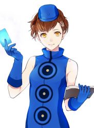 Rule 34 | 1girl, alternate costume, blue dress, blue gloves, blue headwear, book, brown hair, dress, gloves, hair ornament, hat, holding, holding book, persona, persona 3, persona 3 portable, ponytail, shiomi kotone, simple background, sleeveless, sleeveless dress, smile, tyo197snh, velvet room, white background, x hair ornament, yellow eyes