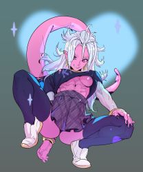 Rule 34 | 1girl, abs, android 21, ass, black nails, bracelet, breasts, dragon ball, earrings, heart, highres, jewelry, long ears, long hair, majin android 21, nail polish, nipples, no bra, one breast out, pink eyes, shirt, shoes, skirt, sparkle, squatting, tail, thighhighs, tomboyhusband, white hair