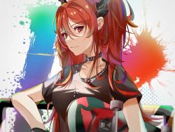 Rule 34 | 1girl, absurdres, arknights, black choker, black shirt, breasts, choker, commentary request, highres, horns, jewelry, ksloweii, long hair, looking at viewer, medium breasts, necklace, official alternate costume, purple eyes, red hair, shirt, short sleeves, skateboard, smile, solo, surtr (arknights), surtr (liberte echec) (arknights), upper body