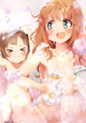 Rule 34 | &gt; &lt;, 2girls, :d, armpits, arms up, bath, bathing, blush, breasts, brown hair, bubble, closed eyes, collarbone, convenient censoring, convenient leg, flat chest, foam, green eyes, groin, hands on own head, happy, hashibuto, holding, idolmaster, idolmaster (classic), indoors, light smile, long hair, looking to the side, multiple girls, nude, open mouth, orange hair, out-of-frame censoring, parted bangs, same-sex bathing, shared bathing, short hair, shower head, siblings, sisters, sitting, small breasts, smile, soap bubbles, sponge, takatsuki kasumi, takatsuki yayoi, washing hair, water, wavy hair, wet