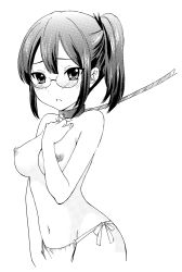 Rule 34 | 1girl, asagiri shiori, bell, neck bell, blush, breasts, collar, collarbone, glasses, hand on own chest, leash, long hair, looking at viewer, medium breasts, monochrome, navel, nipples, open mouth, ozaki mirai, panties, pet play, ponytail, side-tie panties, side ponytail, standing, tamako market, topless, underwear