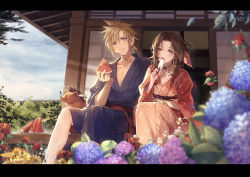 Rule 34 | 1boy, 1girl, aerith gainsborough, alternate costume, bangle, blonde hair, blue eyes, blue kimono, blue sky, blurry, blush, bracelet, brown hair, closed mouth, cloud, cloud strife, cloudy sky, commentary, day, depth of field, drill hair, eating, final fantasy, final fantasy vii, floral print, flower, food, fruit, green eyes, hair ribbon, holding, holding food, hydrangea, japanese clothes, jewelry, kieta, kimono, letterboxed, long hair, looking at viewer, necklace, obi, open door, open mouth, outdoors, parted bangs, patio, plate, popsicle, red kimono, ribbon, sash, short hair, side-by-side, side drill, sitting, sky, sliding doors, smile, spiked hair, twin drills, watermelon