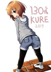 Rule 34 | 1girl, 2019, alternate costume, black neckwear, blue shorts, brick road, brown eyes, brown hair, denim, denim shorts, from behind, full body, grey sweater, highres, hood, hooded sweater, hoodie, kantai collection, leaning forward, looking at viewer, looking back, nassukun, open mouth, pantyhose, pocket, short hair, shorts, simple background, solo, standing, sweater, teeth, upper teeth only, white background, yukikaze (kancolle)