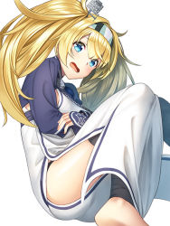 Rule 34 | 1girl, ainu clothes, alternate costume, bandaged arm, bandages, barefoot, black thighhighs, blonde hair, blue eyes, blush, commentary request, cosplay, creator connection, gambier bay (kancolle), hair between eyes, hairband, headband, kamoi (kancolle), kamoi (kancolle) (cosplay), kantai collection, long hair, long sleeves, looking at viewer, open mouth, simple background, solo, thighhighs, toeless legwear, twintails, unowen, white background, wrist guards