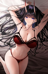 Rule 34 | 1girl, alternate breast size, armpits, arms up, azur lane, bare legs, bed sheet, black hair, blush, bra, breasts, cleavage, collarbone, feet out of frame, highres, horns, knee up, large breasts, lingerie, long hair, looking at viewer, lying, navel, noshiro (azur lane), on back, on bed, panties, parted lips, purple eyes, red bra, red panties, skin-covered horns, solo, stomach, underwear, underwear only, very long hair, xi ying