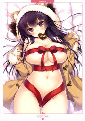 Rule 34 | 1girl, absurdres, artist name, bare shoulders, breasts, brown coat, cameltoe, candy, chocolate, chocolate heart, closed mouth, coat, collarbone, covered erect nipples, cowboy shot, dengeki moeou, duffel coat, food, fur-trimmed sleeves, fur trim, hair ornament, head tilt, heart, highres, large breasts, long hair, long sleeves, looking at viewer, lying, mouth hold, navel, nearly naked ribbon, on back, open clothes, open coat, page number, pillow, purple eyes, purple hair, red ribbon, ribbon, scan, shigunyan, shiny skin, smile, solo, stomach, thigh gap, underboob, x hair ornament