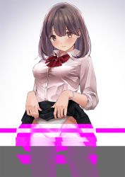 Rule 34 | 1girl, bad id, bad pixiv id, black skirt, blush, bow, bowtie, breasts, brown eyes, brown hair, chikuwa (odennabe), closed mouth, clothes lift, collared shirt, cowboy shot, dress shirt, glitch, gradient background, green panties, lifted by self, looking at viewer, original, panties, pleated skirt, red bow, red bowtie, school uniform, shirt, simple background, skirt, sleeves rolled up, small breasts, solo, striped clothes, striped panties, tareme, underwear, white background, white shirt