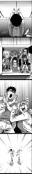 Rule 34 | 1girl, 2boys, absurdres, comic, dolls, fleeing, glasses, greyscale, highres, long image, monochrome, multiple boys, reference request, running, ryuusei (mark ii), shaded face, shop, silent comic, tall image, the ring