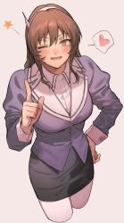 Rule 34 | 1girl, ashigara (kancolle), black skirt, blush, breasts, brown hair, cropped legs, fake horns, fangs, grey background, hairband, hand on own hip, heart, horned headwear, horns, ikarin, kantai collection, large breasts, long hair, long sleeves, one eye closed, open mouth, pantyhose, pencil skirt, simple background, skirt, solo, spoken heart, star (symbol), uniform, white pantyhose