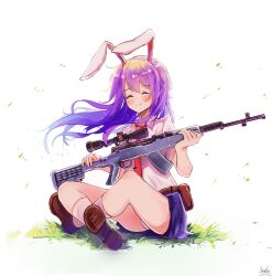 Rule 34 | 1girl, ^ ^, animal ears, axleaki, blue skirt, blush, brown footwear, chinese commentary, closed eyes, closed mouth, collared shirt, commentary request, floating hair, grass, gun, hair between eyes, highres, holding, holding gun, holding weapon, long hair, necktie, panties, pantyshot, partial commentary, purple hair, rabbit ears, red necktie, reisen udongein inaba, rifle, shadow, shirt, short sleeves, sidelocks, simple background, sitting, skirt, sks, smile, socks, solo, touhou, underwear, weapon, white background, white panties, white shirt, white socks