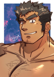 Rule 34 | 1boy, absurdres, bara, body hair, brown hair, chest hair, facial hair, grin, highres, kageru (mofnyan), takabushi kengo, large pectorals, long sideburns, looking at viewer, male focus, mature male, muscular, muscular male, pectorals, short hair, sideburns, smile, solo, stubble, thick eyebrows, tokyo houkago summoners, upper body
