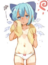 Rule 34 | 1girl, blue bow, blue eyes, blue hair, bow, bow panties, cirno, commentary request, cowboy shot, groin, hair bow, ice, ice wings, large bow, looking at viewer, navel, panties, paragasu (parags112), short hair, simple background, sketch, solo, sun, tan, tanline, topless, touhou, towel, towel around neck, underwear, water drop, white background, white panties, wings