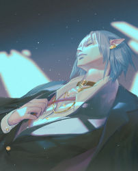 Rule 34 | 1boy, black jacket, blazer, buttons, choker, closed mouth, collared shirt, earclip, elezen, elf, closed eyes, final fantasy, final fantasy xiv, formal, grey hair, haurchefant de fortemps, haurchefant greystone, jacket, jacket on shoulders, jewelry, lips, long sleeves, lying, male focus, medium hair, necklace, on back, partially unbuttoned, pectorals, pendant, pointy ears, shirt, sidelocks, solo, suit, suit jacket, upper body, white shirt, zxin