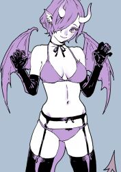Rule 34 | 1girl, bikini, black gloves, black thighhighs, blue background, breasts, cropped legs, demon girl, demon horns, demon tail, demon wings, ear piercing, elbow gloves, garter straps, gloves, hair over one eye, highres, horns, looking at viewer, medium breasts, navel, one eye covered, original, peco (pockleberry), piercing, pointy ears, purple bikini, short hair, simple background, solo, standing, swimsuit, tail, thighhighs, wings