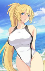 Rule 34 | 1girl, arm behind back, bad id, bad pixiv id, beach, blonde hair, blue eyes, breasts, competition swimsuit, cowboy shot, dutch angle, fate/apocrypha, fate/grand order, fate (series), highres, horizon, jeanne d&#039;arc (fate), jeanne d&#039;arc (ruler) (fate), jeanne d&#039;arc (swimsuit archer) (fate), jeanne d&#039;arc (swimsuit archer) (second ascension) (fate), large breasts, long hair, ocean, one-piece swimsuit, pachio, ponytail, solo, swimsuit, waves, white one-piece swimsuit