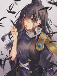 Rule 34 | 1girl, black hair, black hat, blurry, breasts, chain, depth of field, expressionless, falling feathers, feathers, gold chain, gradient background, grey background, hair behind ear, hair between eyes, hand up, hat, holding, holding feather, iizunamaru megumu, long hair, looking at viewer, m (neteitai10), medium breasts, motion blur, parted lips, puffy sleeves, red eyes, signature, simple background, solo, tokin hat, touhou, upper body