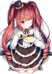 Rule 34 | 1girl, black bow, black dress, black socks, blush, bow, brown hat, closed mouth, collared shirt, commentary request, dress, eyepatch, food, frilled shirt collar, frills, hanazono yurine, hat, hat bow, highres, holding, holding plate, holding spoon, jashin-chan dropkick, kneehighs, layered sleeves, long hair, long sleeves, medical eyepatch, mini hat, mini top hat, plate, pudding, puffy short sleeves, puffy sleeves, red eyes, red hair, ringlets, shadow, shiero., shirt, short over long sleeves, short sleeves, sitting, sleeveless, sleeveless dress, socks, solo, spoon, tilted headwear, top hat, twintails, very long hair, wariza, white background, white shirt