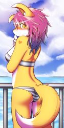 Rule 34 | 1girl, artist request, ass, bikini, breasts, dog, female focus, furry, furry female, highres, ocean, outdoors, pink hair, short hair, sky, solo, swimsuit, yellow eyes