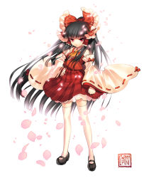 Rule 34 | 1girl, alternate hairstyle, bad id, bad pixiv id, bare shoulders, black hair, blunt bangs, bow, cherrypin, detached sleeves, female focus, hair bow, hakurei reimu, hand on own hip, highres, japanese clothes, long hair, mary janes, miko, necktie, petals, pleated skirt, red eyes, shoes, skirt, solo, thighhighs, touhou, very long hair, white thighhighs, wide sleeves, zettai ryouiki