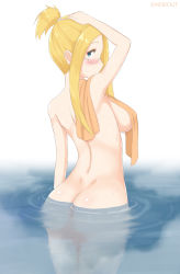 Rule 34 | 1girl, artist name, ass, blonde hair, blue eyes, blush, breasts, dimples of venus, final fantasy, final fantasy viii, glasses, hand on own head, kainkout, large breasts, looking at viewer, looking back, looking over eyewear, naked towel, nude, partially submerged, quistis trepe, short ponytail, solo, standing, towel, towel on one shoulder, towel over breasts, water