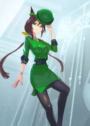 Rule 34 | 1girl, animal ears, black pantyhose, bow, bowler hat, buttons, collared shirt, commentary request, cowboy shot, double-breasted, ear bow, formal, green bow, green eyes, green hat, green jacket, green skirt, hat, hayakawa tazuna, horse girl, horseshoe ornament, jacket, light particles, looking at viewer, low ponytail, necktie, pantyhose, shaded face, shirt, sidelocks, skirt, skirt suit, solo, split ponytail, suit, tunguu, umamusume, watch, white shirt, wristwatch, yellow bow, yellow necktie