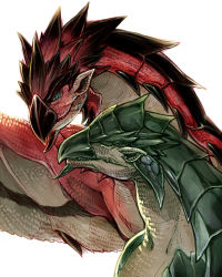 Rule 34 | blue eyes, couple, closed eyes, hpa (foolish factory), monster hunter (series), no humans, pointy ears, rathalos, rathian, simple background, upper body, white background, wings