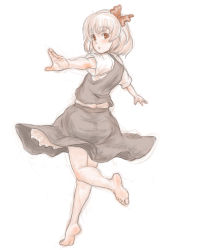 Rule 34 | 1girl, barefoot, blonde hair, feet, full body, hair ribbon, highres, kuro suto sukii, looking at viewer, looking back, open mouth, outstretched arms, red eyes, ribbon, rumia, shirt, short sleeves, simple background, sketch, skirt, skirt set, solo, touhou, vest, white background