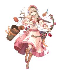 Rule 34 | 1girl, arrow (projectile), belt, bow (weapon), braid, brown eyes, brown socks, dress, faye (fire emblem), fire emblem, fire emblem echoes: shadows of valentia, fire emblem heroes, floral print, food, full body, hat, highres, holding, holding bow (weapon), holding weapon, light brown hair, long dress, long hair, low-braided long hair, low-tied long hair, meat, nintendo, official art, pink dress, puffy short sleeves, puffy sleeves, quiver, shoes, short sleeves, socks, solo, torn clothes, transparent background, twin braids, twintails, weapon