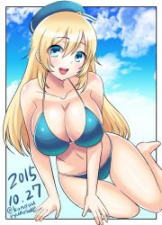 Rule 34 | 10s, 1girl, :d, artist name, atago (kancolle), bare arms, bare legs, beret, bikini, blonde hair, blue bikini, blue eyes, blue sky, border, breasts, cleavage, cloud, collarbone, dated, day, female focus, full body, hair between eyes, hanging breasts, hat, kantai collection, kondou ryunosuke, large breasts, long hair, looking at viewer, open mouth, outdoors, sky, smile, solo, swimsuit, thigh gap, twitter username, white border