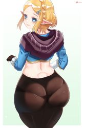 Rule 34 | 1girl, ass, blonde hair, blue eyes, blush, from behind, half updo, highres, huge ass, looking at viewer, nintendo, o22no, pants, pantylines, pointy ears, princess zelda, shiny clothes, shiny skin, short hair, skin tight, smile, solo, the legend of zelda, the legend of zelda: breath of the wild, the legend of zelda: tears of the kingdom
