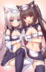 Rule 34 | 2girls, :3, :d, adapted costume, animal ear fluff, animal ear legwear, animal ears, apron, artist name, bare shoulders, bell, black skirt, blue eyes, blunt bangs, breasts, brown eyes, brown hair, cat ear legwear, cat ears, cat girl, cat tail, chestnut mouth, chocola (nekopara), cleavage, commentary, crop top, detached sleeves, frilled skirt, frills, garter straps, gloves, grey hair, groin, highres, holding hands, interlocked fingers, jingle bell, kaptivate, long hair, looking at viewer, low twintails, maid, maid apron, medium breasts, midriff, miniskirt, multiple girls, name tag, navel, nekopara, open mouth, parted lips, puffy detached sleeves, puffy sleeves, revision, sitting, skirt, slit pupils, small breasts, smile, tail, thighhighs, twintails, vanilla (nekopara), very long hair, white gloves, white thighhighs, zettai ryouiki