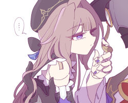 1boy 1girl android bare_shoulders black_bow black_gloves bow brown_hair closed_mouth detached_sleeves doll_joints gloves hair_bow hair_intakes hand_up herta_(honkai:_star_rail) hetero honkai:_star_rail honkai_(series) joints krakrignmr long_hair long_sleeves purple_eyes purple_nails screwllum_(honkai:_star_rail) sidelocks simple_background twirling_hair upper_body very_long_hair white_background