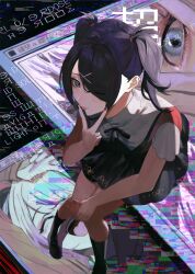 Rule 34 | 1girl, absurdres, ame-chan (needy girl overdose), black hair, black nails, black ribbon, black socks, blue eyes, collared shirt, commentary request, countdown illustration, foot out of frame, from above, glitch, grey eyes, hair ornament, hair over one eye, hand up, highres, holding, holding phone, kneehighs, kurokawa (kurokashi655), long hair, looking at viewer, nail polish, neck ribbon, needy girl overdose, official art, one eye closed, phone, red nails, red shirt, ribbon, second-party source, shirt, sitting, socks, solo, tongue, tongue out, twintails, v over mouth, window (computing), x hair ornament