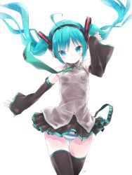 Rule 34 | 1girl, ahoge, aqua eyes, aqua hair, blush, detached sleeves, floating hair, hatsune miku, highres, kowiru, long hair, necktie, panties, simple background, skirt, smile, solo, striped clothes, striped panties, thigh gap, thighhighs, twintails, underwear, vocaloid, white background