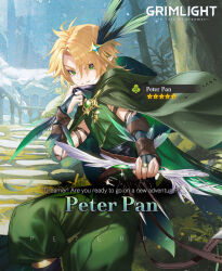 Rule 34 | 1boy, blonde hair, bow (weapon), cape, commentary, english commentary, green cape, green eyes, green pants, grimlight, grin, male focus, official art, pants, peter pan (grimlight), pointy ears, sitting, smile, solo, weapon