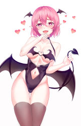 Rule 34 | 1girl, :d, absurdres, bare arms, bare shoulders, black leotard, breasts, brown thighhighs, clothing cutout, cowboy shot, demon girl, demon tail, demon wings, fangs, groin, head wings, heart, heart-shaped pupils, highleg, highleg leotard, highres, holding tail, large breasts, leotard, looking at viewer, lucid (maplestory), maplestory, muyang, naughty face, navel, navel cutout, open mouth, pink eyes, pink hair, pointy ears, revealing clothes, short hair, sidelocks, simple background, smile, solo, standing, symbol-shaped pupils, tail, thigh gap, thighhighs, thighs, white background, wings