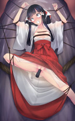 Rule 34 | 1girl, arms up, bdsm, black eyes, black hair, blood, blunt bangs, blush, bondage, bound, bound wrists, breasts, censored, clenched teeth, defloration, dildo, f-ism, female focus, frown, hair ornament, hakama, hakama skirt, highres, hip vent, japanese clothes, kimono, leg lift, long hair, miko, mosaic censoring, murakami suigun, nipples, no bra, no panties, open clothes, open kimono, open mouth, original, pussy, red hakama, rope, see-through, sex toy, shibari, skirt, small breasts, solo, spread legs, sweat, tabi, tears, teeth, twintails, wet, wet clothes, wide-eyed, wide sleeves