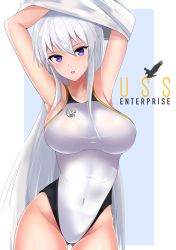 Rule 34 | 1girl, absurdres, alternate costume, azur lane, border, character name, competition swimsuit, covered navel, cowboy shot, edelritter, enterprise (azur lane), gluteal fold, highleg, highleg swimsuit, highres, long hair, looking at viewer, one-piece swimsuit, purple eyes, silver hair, solo, swimsuit, two-tone background, undressing, white border, white one-piece swimsuit