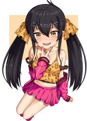 Rule 34 | 1girl, :d, black hair, child, commentary, hai ookami, hair between eyes, hair ornament, idolmaster, idolmaster cinderella girls, jewelry, long hair, looking at viewer, matoba risa, midriff, navel, necklace, off shoulder, open mouth, pink skirt, skirt, smile, solo, twintails, yellow eyes