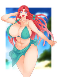 Rule 34 | 1girl, bikini, blue eyes, braid, breasts, cleavage, collarbone, female focus, ginnyo, hair ribbon, highres, hong meiling, huge breasts, long hair, navel, open mouth, outdoors, red hair, ribbon, shiny skin, smile, solo, swimsuit, thighs, touhou