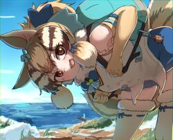 Rule 34 | 1girl, animal ears, bag, belt, brown eyes, brown hair, chipmunk ears, chipmunk girl, chipmunk tail, elbow gloves, extra ears, gloves, highres, kemono friends, kemono friends v project, looking at viewer, microphone, okyao, outdoors, ribbon, shirt, short hair, shorts, siberian chipmunk (kemono friends), sleeveless, sleeveless shirt, solo, tail, thighhighs, vest, virtual youtuber
