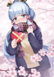 Rule 34 | 1girl, black jacket, blue eyes, blue hair, blurry, blurry background, blurry foreground, blush, box, cherry blossoms, commentary, covered mouth, depth of field, dutch angle, flower, fringe trim, genshin impact, gift, gift box, heart, heart-shaped pupils, high ponytail, highres, holding, holding gift, jacket, ayaka (genshin impact), long hair, long sleeves, nose blush, open clothes, open jacket, petals, pink flower, plaid, plaid scarf, pleated skirt, ponytail, purple scarf, purple skirt, scarf, skirt, sleeves past wrists, solo, spring (season), sweater vest, symbol-shaped pupils, branch, very long hair, yukinoshita (shaonjishi)