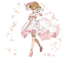 Rule 34 | 1girl, ;), beam saber, brown hair, choker, closed eyes, collarbone, dress, elbow gloves, full body, gloves, hair between eyes, high heels, highres, holding, holding sword, holding weapon, layered dress, looking at viewer, medium hair, official art, one eye closed, pink footwear, pumps, red eyes, short dress, silica, sleeveless, sleeveless dress, smile, solo, standing, strapless, strapless dress, sword, sword art online, thigh strap, transparent background, weapon, wedding dress, white dress, white gloves