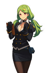 Rule 34 | 1girl, black jacket, blush, breasts, brown pantyhose, cleavage, clipboard, closed mouth, cowboy shot, green hair, hair ornament, hairclip, hands up, highres, jacket, juliet sleeves, jungon kim, large breasts, lips, long sleeves, looking at viewer, low twintails, original, pantyhose, pencil skirt, pouch, puffy sleeves, red eyes, skirt, smile, solo, twintails