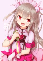 Rule 34 | &gt; &lt;, 1girl, :d, armband, baram, blush, bow, dress, fang, gloves, hair between eyes, hair ornament, hat, heart, holding, holding knife, knife, light brown hair, long hair, looking at viewer, natori sana, nurse cap, open mouth, pink background, pink bow, pink hat, puffy short sleeves, puffy sleeves, purple dress, rabbit hair ornament, red eyes, safety pin, sana channel, short sleeves, simple background, single glove, smile, solo, two side up, very long hair, virtual youtuber, white gloves